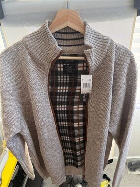 Buffalo David Bitton Beige Zip-Up Knit Sweater with Plaid Lining